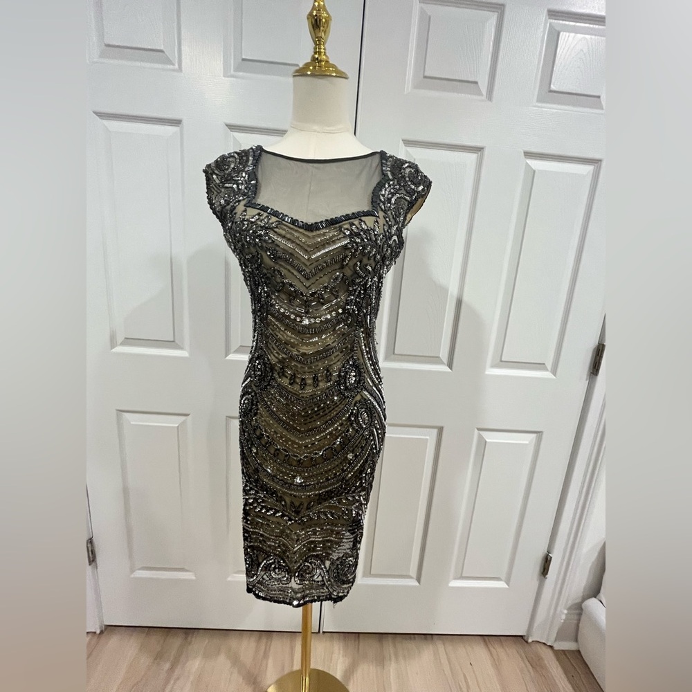 Adrianna Papell Black and Gold Embellished Midi Dress
